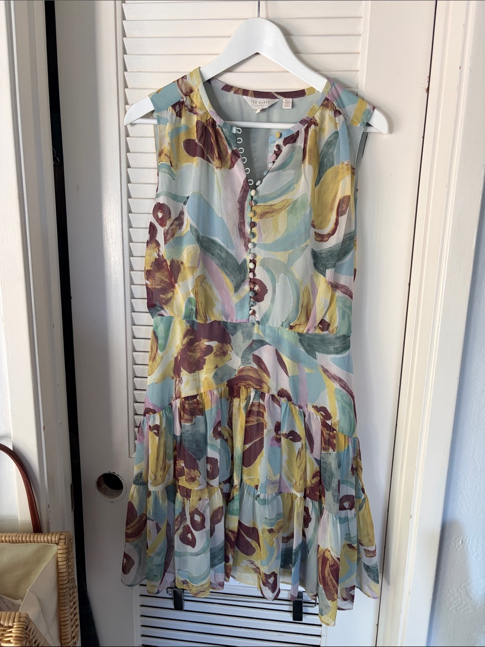 Ted Baker Sleeveless Floral Tiered Dress in Pale Blue, Yellow & Maroon